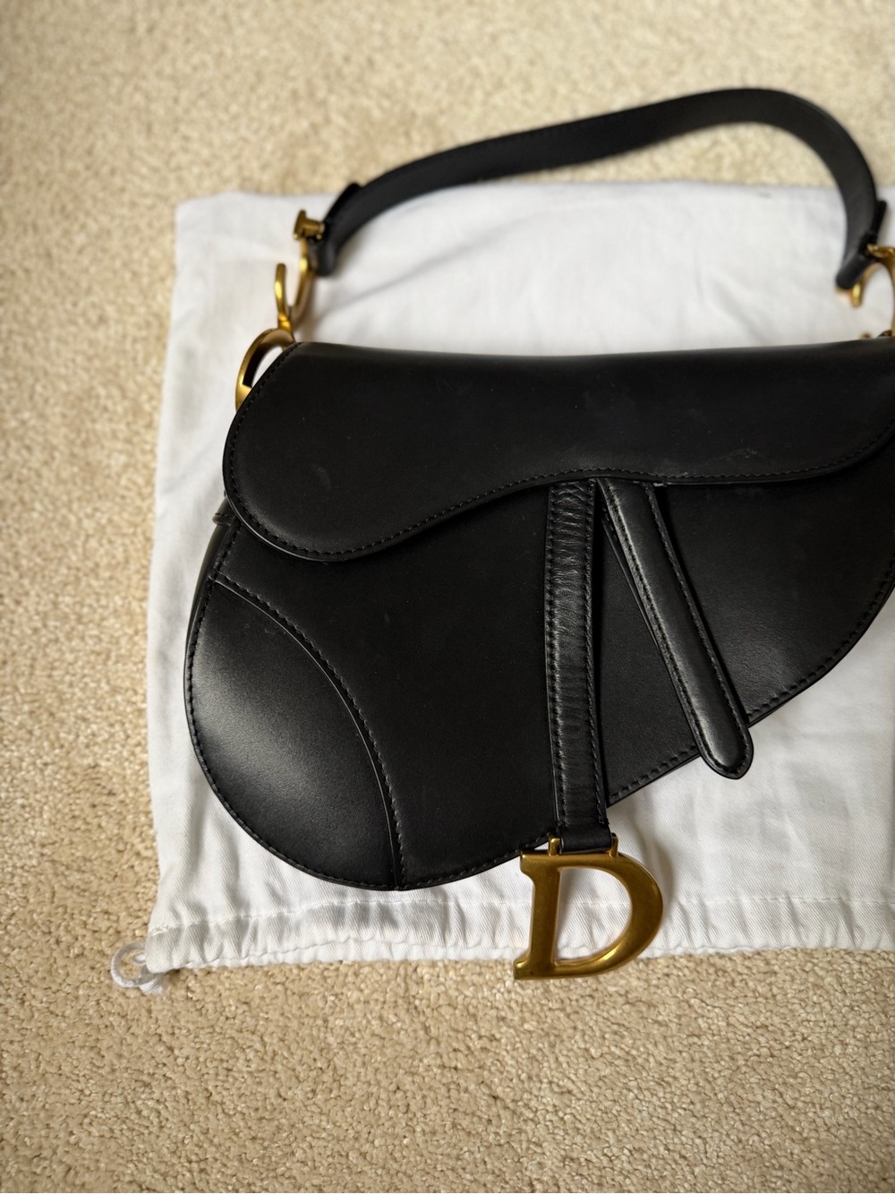 Black Saddle Shoulder Bag with Gold 'D' Charm